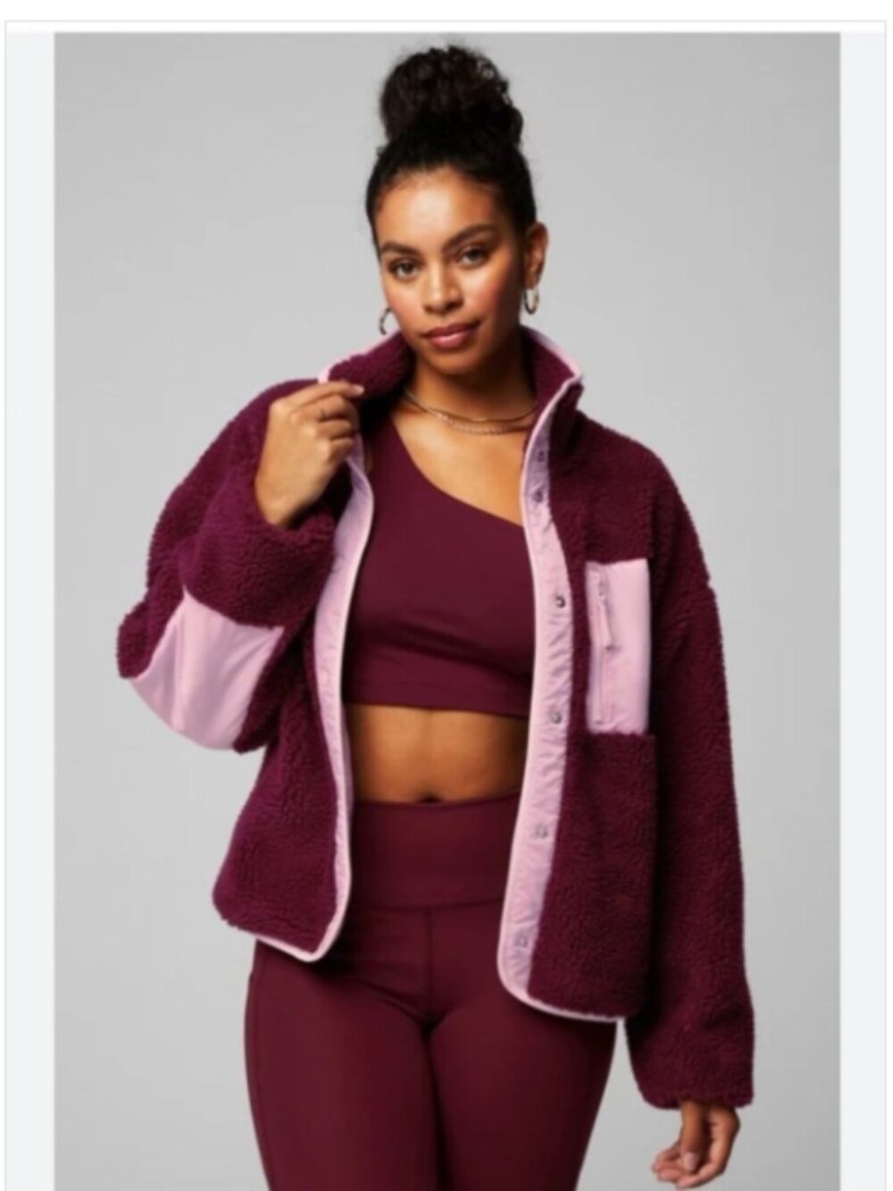 Fabletics Burgundy Sherpa Jacket in with Pink Trim size XS